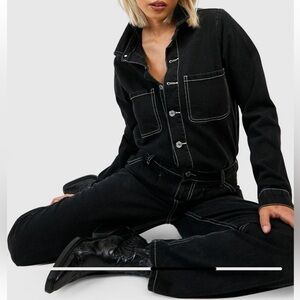 Women's Black Denim Jumpsuit S NEW Contrast Stitching Boilersuit Utility Punk